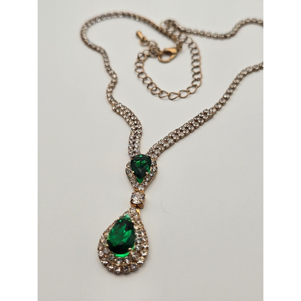 Emerald Green Teardrop Rhinestone Necklace Gold Prom Bridal Pageant Formal Glam